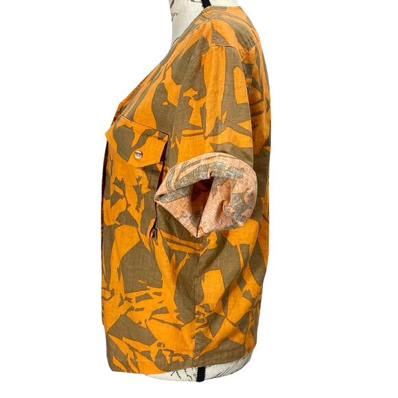 Vintage 90s TOTOnKO Orange Brown Cotton Linen Button-Up Boxy Top Campy Boho - Picture 3 of 9